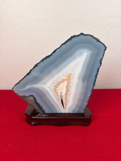 13 LB Rare Huge Natural Blue Banded Agate Geode Slice Quartz Druzy Stand 10”