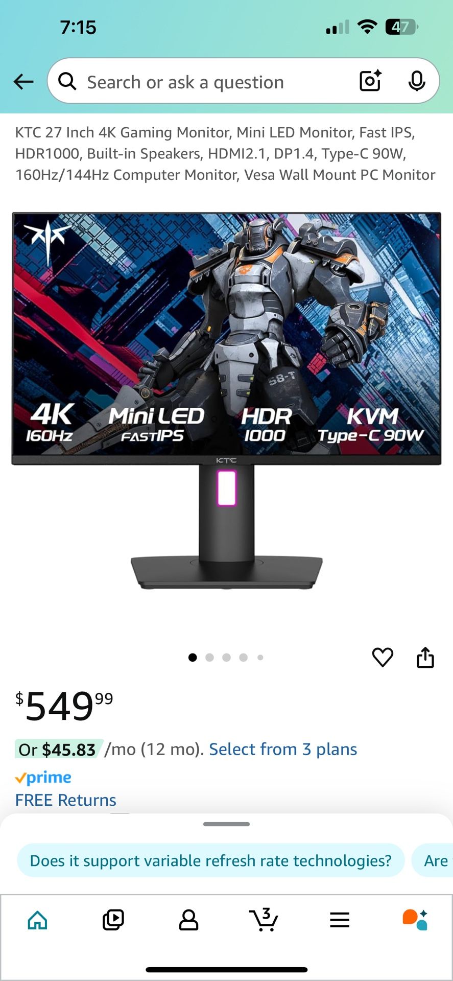 KTC 27 Inch 4K 160hz HDR Gaming Monitor