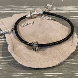 Sterling Silver S925 French Bulldog Charm on Black Leather Rope Bracelet