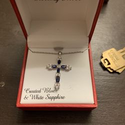 Sterling silver blue and white sapphire cross necklace