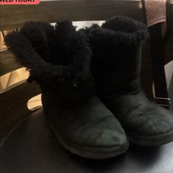 UGG Black Suede Shearling Mid-Calf Bow Boots Women's Size 6 Fur Lined Pull On