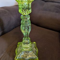 VINTAGE NOVA IVIMA 1895 LIME GREEN UV REACTIVE GLASS CANDLESTICKS - RARE