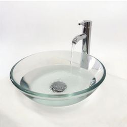 Round Tempered Clear Glass Bathroom Vessel Sink Combo – Chrome Faucet & Pop-Up Drain Included $60 