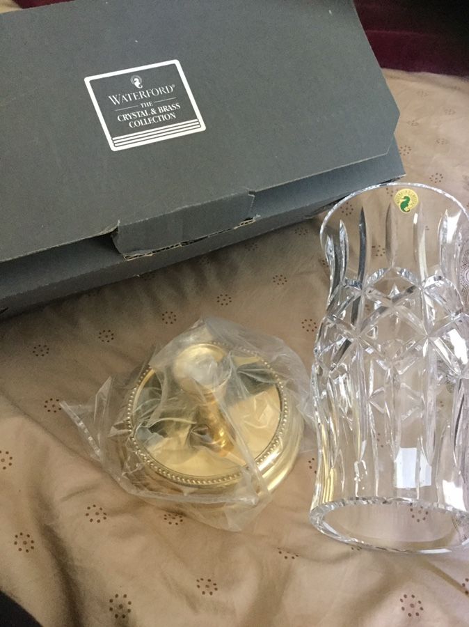 NIB...Prescott Brass Base Hurricane Lamp Crystal and Brass Collection by WATERFORD CRYSTAL