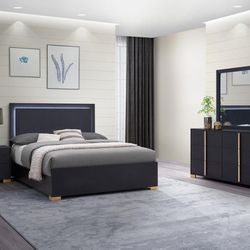 Rich Black/White and warm gold Bedroom Set features a squared headboard with built-in LED Light
