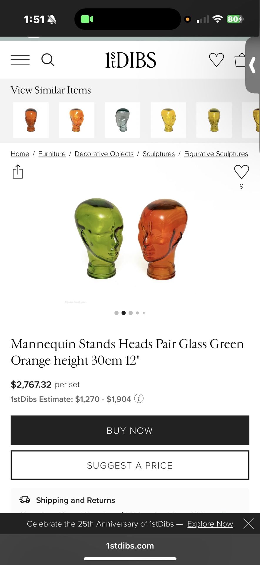 Mannequin Stands Heads Pair Glass Green Orange height 30cm 12"