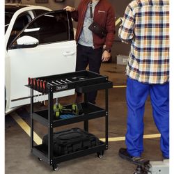 SILVEL 3 Tier Rolling Tool Cart, 330LBS Tool Service Cart with Extra Storage Box and Side Hanging Panels, Heavy Duty Utility Cart with Wheels for Gara