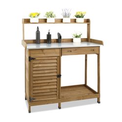 Wooden Potting Bench  with Metal Tabletop, Waterproof Garden Table