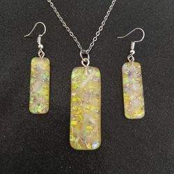 Yellow faux opal selenite oronite bar dangle earrings and necklace jewelry set 