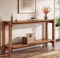 New assembled 63-Inch Solid Wood Console Table, 2-Tier Narrow Entryway Table with Storage, Farmhouse Foyer Console Furniture for Living Room, Entrance