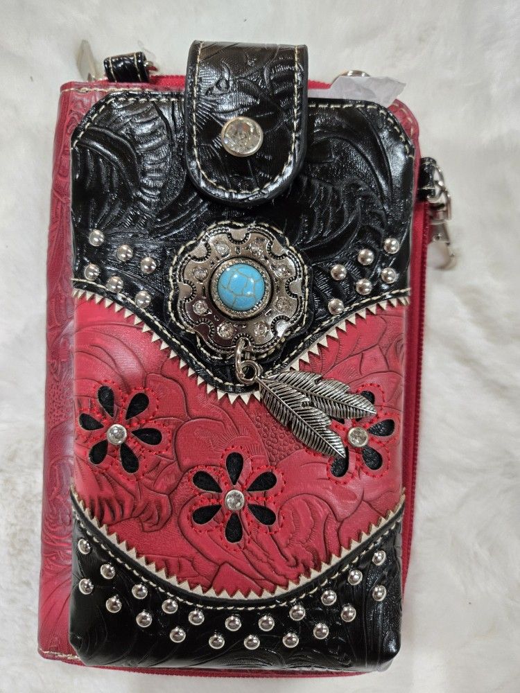 Turquise Stone Feather Tooled Leather Crossbody Western Phone Wallet /red