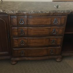 Vintage Sideboard/Buffet , Solid Wood, with Brown Marble Top By Bernhardt Furniture