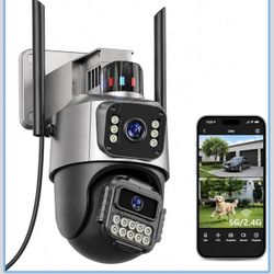 Security Camera Outdoor, Cameras for Home Security, 6MP Dual Lens PTZ Camera, 6X Digital Zoom, Plug-in, Auto Tracking, Color Night Vision, 2-Way Audio