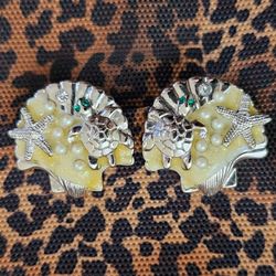 Cute Vintage Silver Rhinestone & Pearl Turtle and Seashell Glitter Clip-On Earrings Beach Sea Ocean Theme