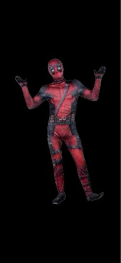 red and black Deadpool costume with gloves