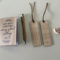 Small Notebook, Pen, 2 Bookmarks, and Wooden Heart Token