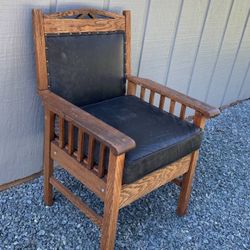 Antique Mission Oak Wood And Leather Accent Arm Chair