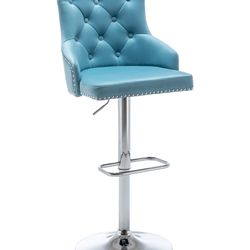 Upholstered Dining Adjustable Seat, High Back Stool Bar Chair Teal Blue Tufted Barstool