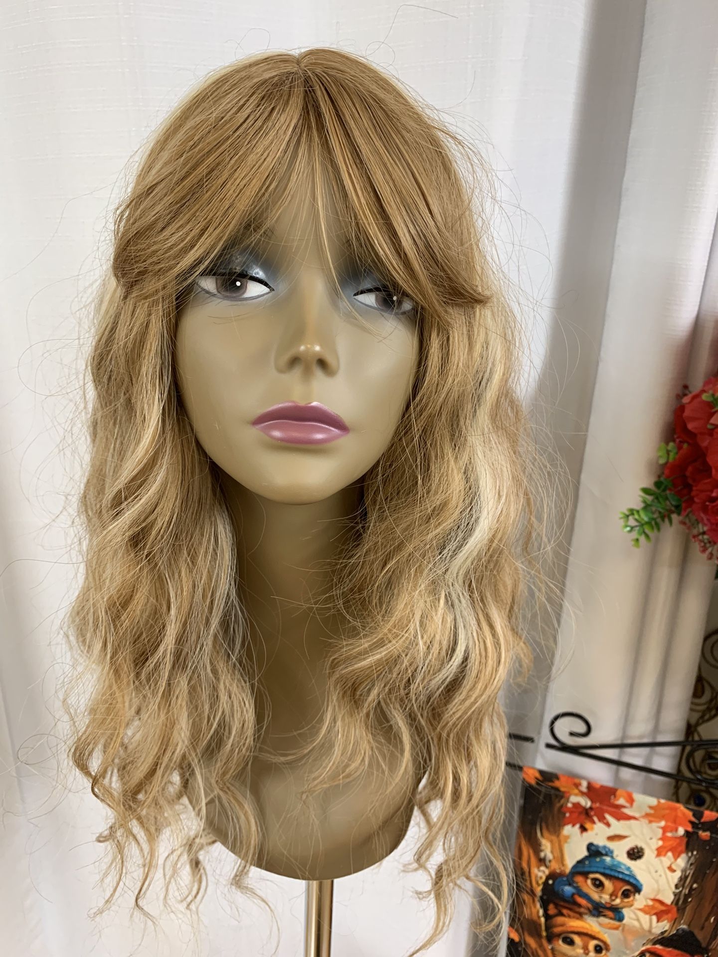 27 Inch Elegant Reddish Copper Wavy Synthetic Wig With Blonde Highlights