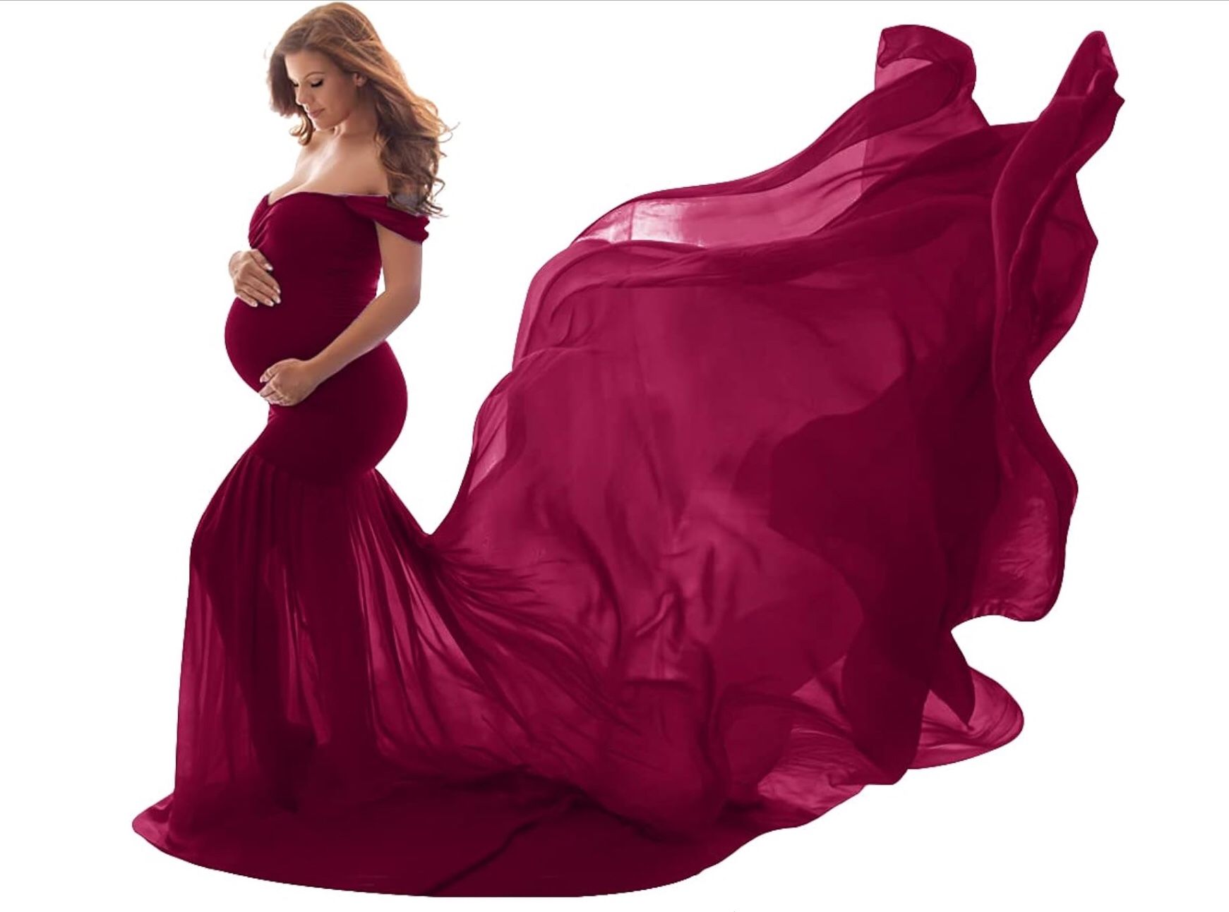 $30 Burgundy One Size Maternity Dress for Photography Mermaid Off Shoulder Slim Fitted Chiffon Gown Flowy Baby Shower Maxi Photo Props Dress