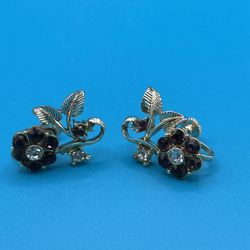 Vintage Screw Back Earrings Glass Rhinestone Flowers 