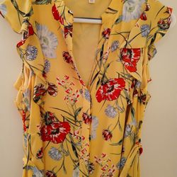 Maison Jules Yellow Floral Print Lined Midi Dress  Flutter Sleeves Size Medium 