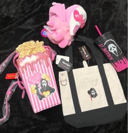 Ghost Face 4PC Bundle Pink Popcorn Purse Plush Tote Rhinestone Tumbler