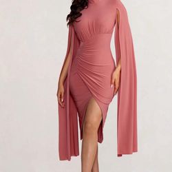 BLUSH HIGH NECK RUCHED MIDI DRESS WITH CAPE SLEEVE