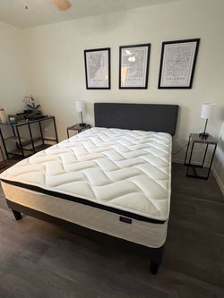 Queen Bed Frame with Upholstered Headboard and Mattress