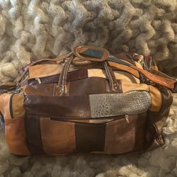 Handmade patchwork, genuine, leather duffel bag, one of a kind from Mexico