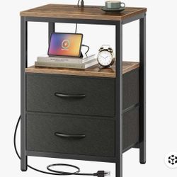 Nightstand with Charging Station, Side Table with Fabric Drawers