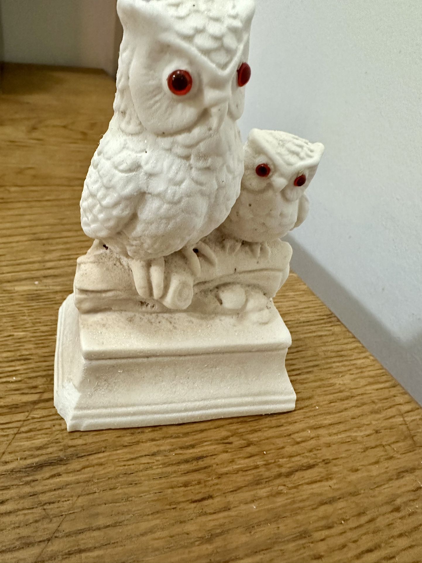 Vintage White Alabaster Salt Stone Owls with Red Glass Eyes Figurine