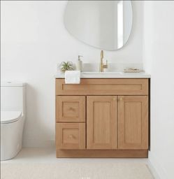 36" White Oak Shaker Bathroom Vanity | Single Sink with Quartz Top