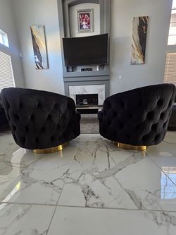 2 Black modern round 360 swivel tufted arm chairs gold base