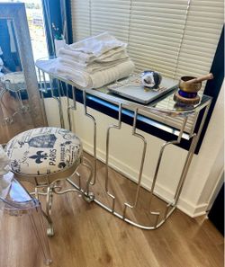 Glam Silver Vanity + Ornate Mirror & Clear chair or Beige Paris Stool