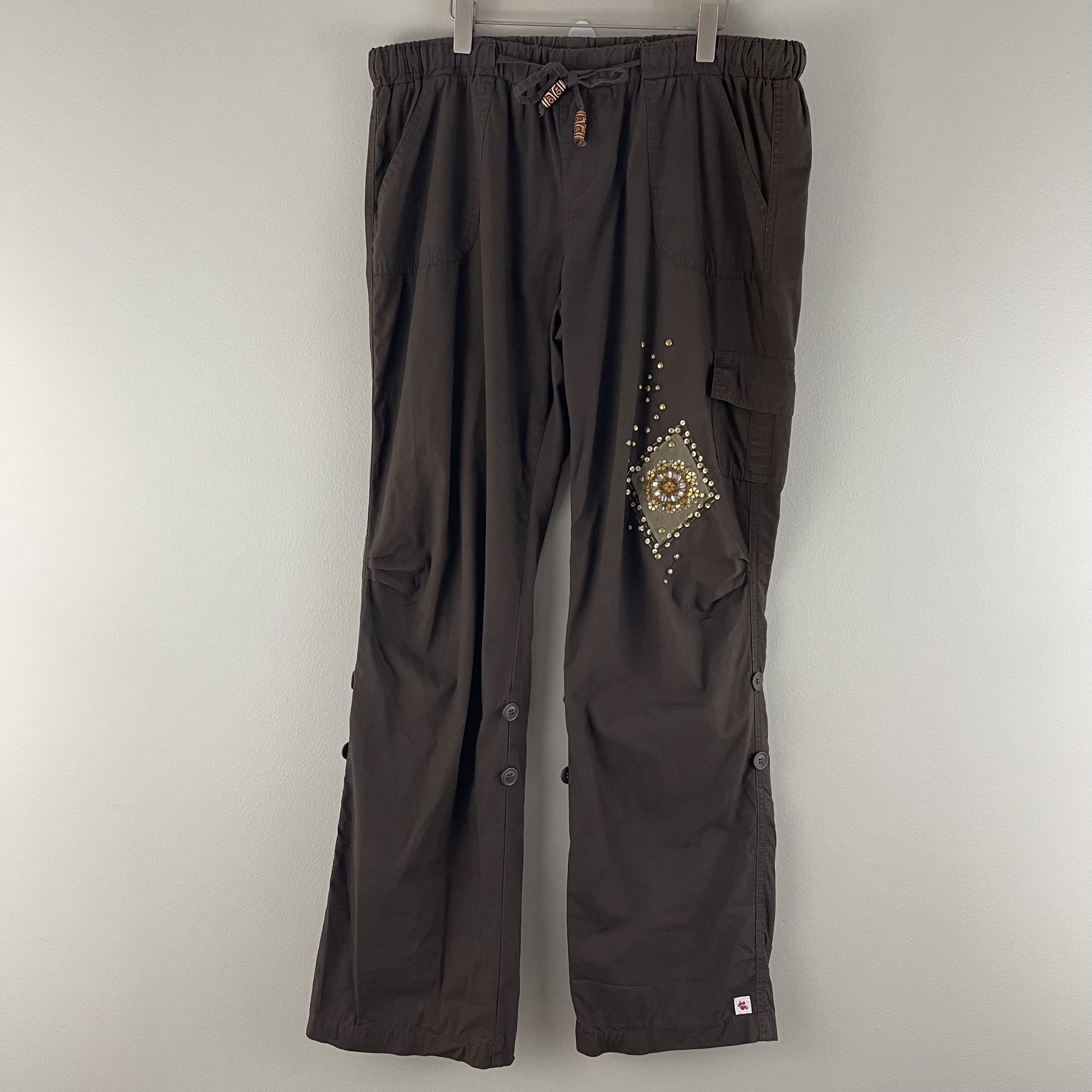 BIG FLIRT Vintage Y2K Brown Sequin Studs Mid Rise Casual Adjustable Cargo Pants