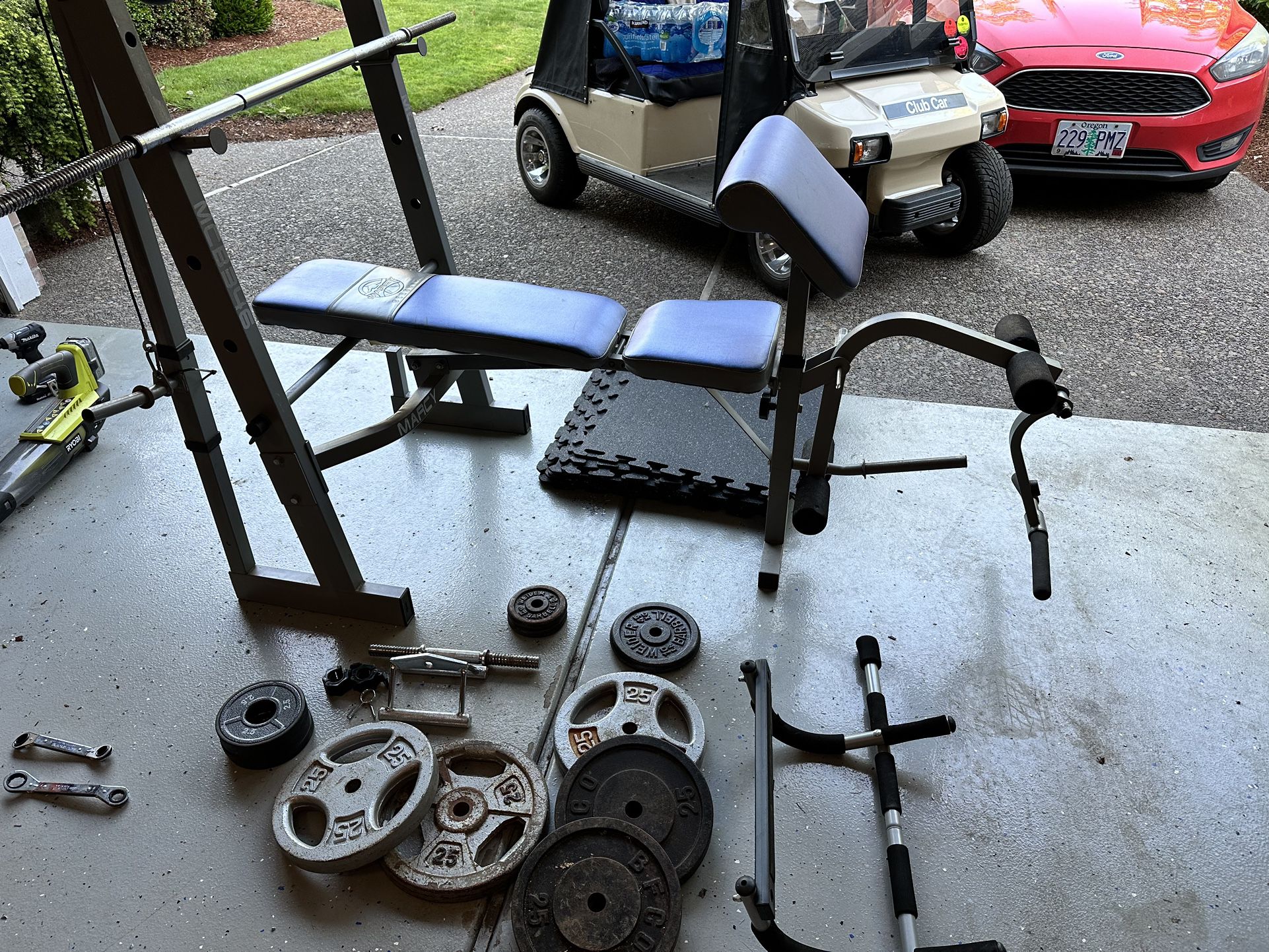 Full Gym Bench & Weights & Rubber Floor