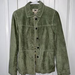 LL Bean Women's Green Suede Leather Jacket , Button Up, Size Petite Small