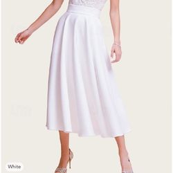 Never worn elegant white, mid length, lace and satin spaghetti strap wedding dress, size 6
