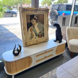 Rattan TV Stand for TVs up to 75'', Boho Entertainment Center with 2 Doors & 2 Drawers