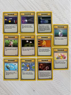 Vintage WOTC Trainer Card Group – Item Finder, Energy Retrieval, Defender, Potion, Recycle, Gambler, Super Potion, Mr. Fuji, Energy Search, Gust of Wi