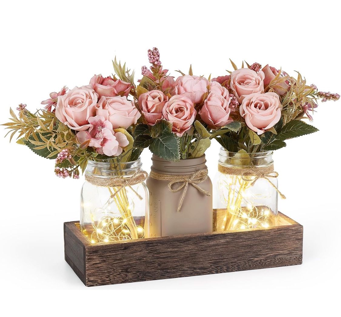 Mkono Mason Jar Lights Centerpiece Table Decorations For Dining Room Farmhouse Table Decor Tray With 3 Jars Flowers Arrangement Summer Decor For Kitch