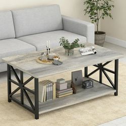 Coffee Table with Round Corners, 2 Tier Coffee Table with Storage Shelf, Rectangular Center Table for Living Room Modern Style, Marble Tea Table 39.37