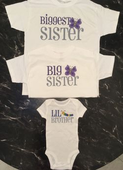Brand New Custom Made New Baby Tee Shirt Lot of 3 Big Sister Little Brother Caterpillar 🐛 Butterflies 🦋 Girls Sz 5 and 10