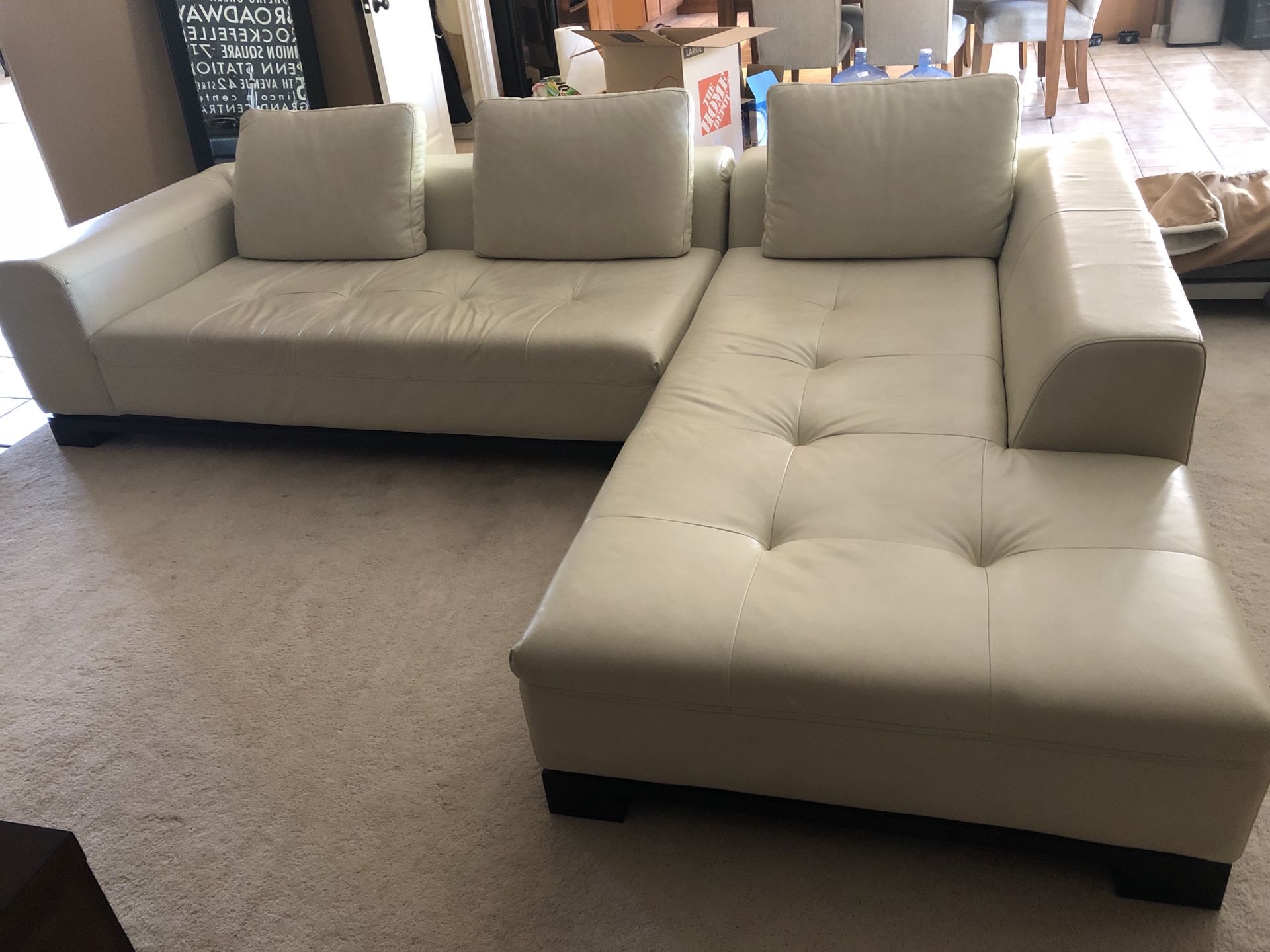 Z GALLERIE OFF WHITE LEATHER SOFA CHAISE 2 PIECE SECTIONAL COUCH