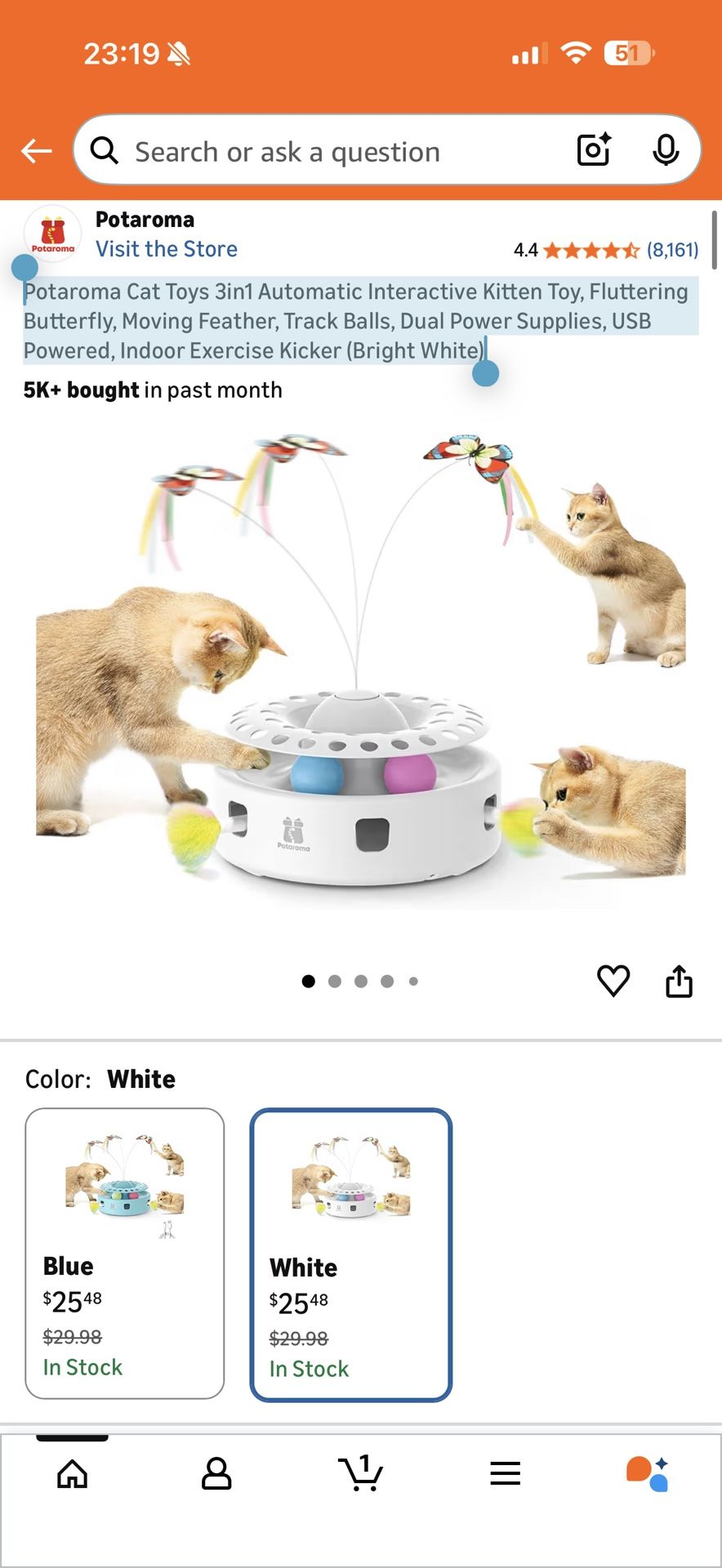 Potaroma Cat Toys 3in1 Automatic Interactive Kitten Toy, Fluttering Butterfly, Moving Feather, Track Balls, Dual Power Supplies, USB Powered, Indoor E