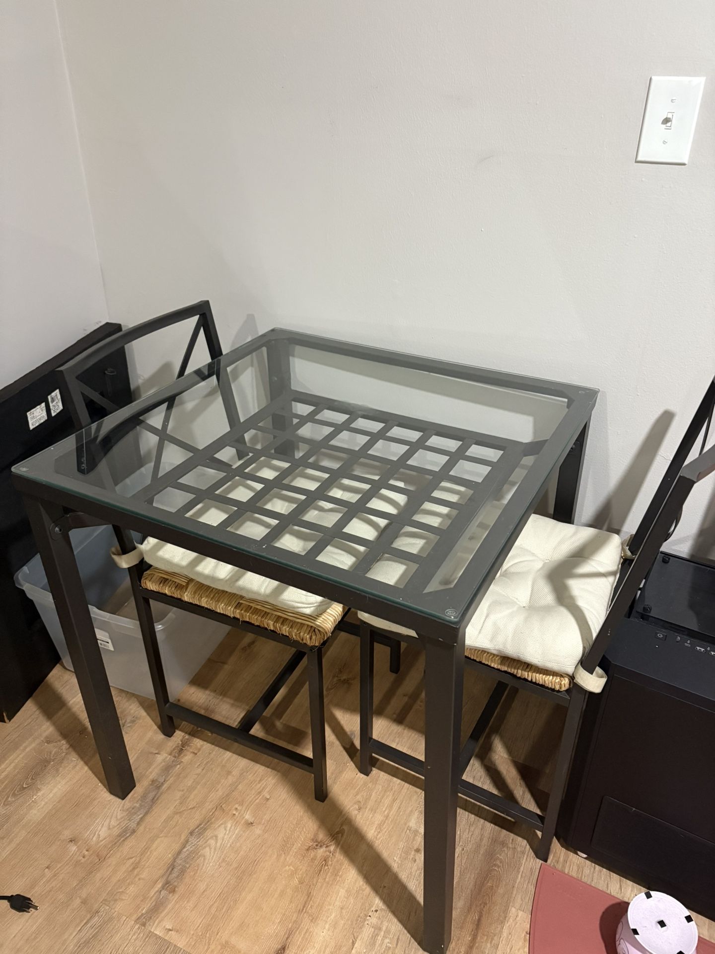 Glass top Metal Table + 2 Chairs + 2 Cushions