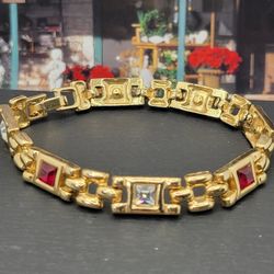  PRECIOUS VINTAGE 10K GOLD PLATED BRACELET, CUBIC ZIRCONIA DIAMOND, & GARNET STONE, 7.5"INCHES, VERY BEATIFUL VINTAGE BRACELET #1137
