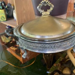 Antique Silver Plated Made In Italy Dishware Cooking Holder withLarge Bowl Pyrex