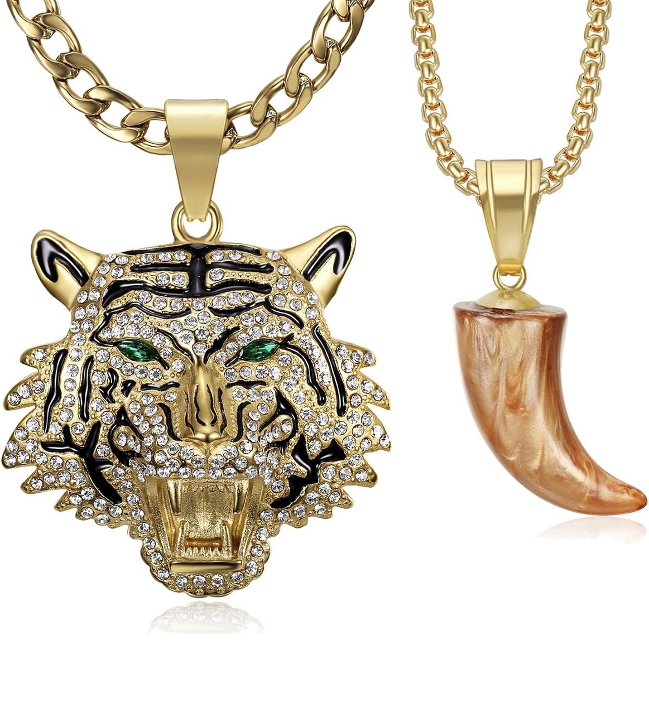 Roaring Tiger Head With Green Red Eyes Pendant Punk Rock Stainless Steel Necklace, 24 Inch 7mm Chain For Men Hip Hop Animal Jewelry-I'm the King